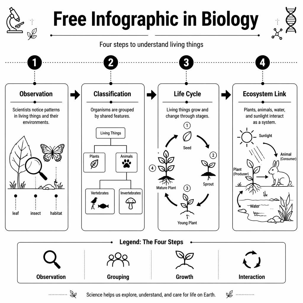 Black and white biology infographic poster with 4 steps: observation, classification, life cycle, and ecosystem link.