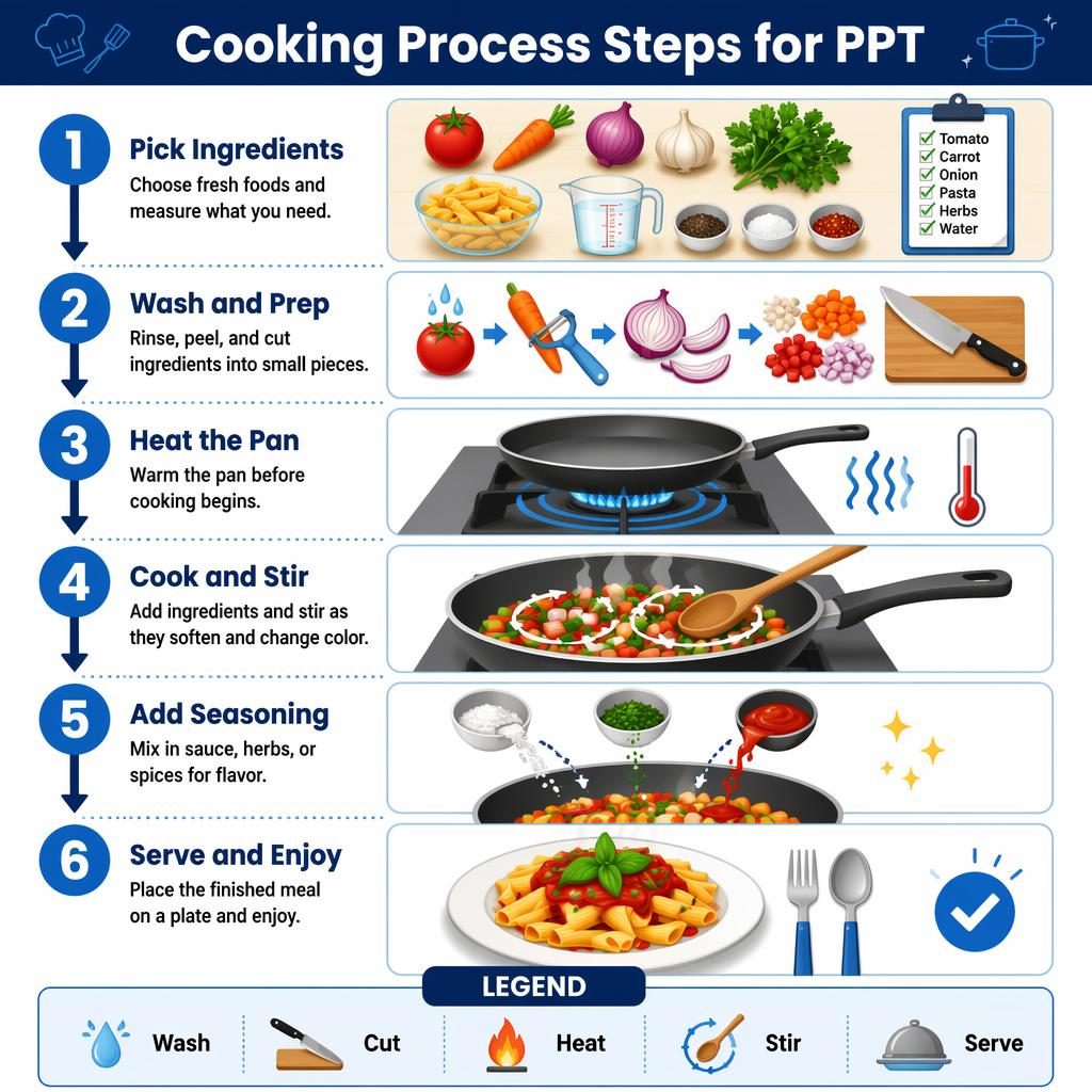 Portrait cooking process infographic for kids with 6 numbered steps, arrows, food icons, blue palette, and legend icons.