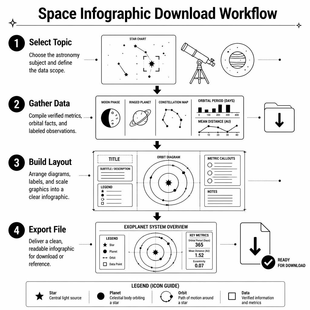 Póster infográfico espacial en blanco y negro con 4 pasos verticales, flechas, iconos astronómicos y leyenda técnica.