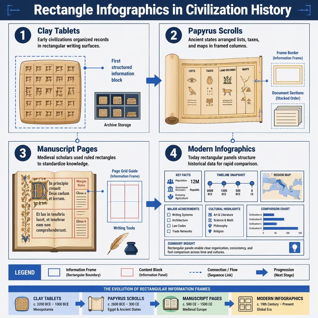 Portrait infographic showing 4 stages: clay tablets, papyrus scrolls, manuscript pages, and modern infographics.