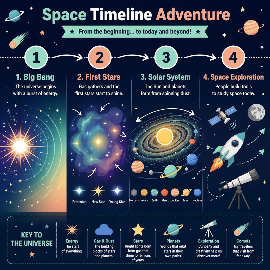 Landscape kids space timeline infographic with 4 steps: Big Bang, First Stars, Solar System, and Space Exploration.