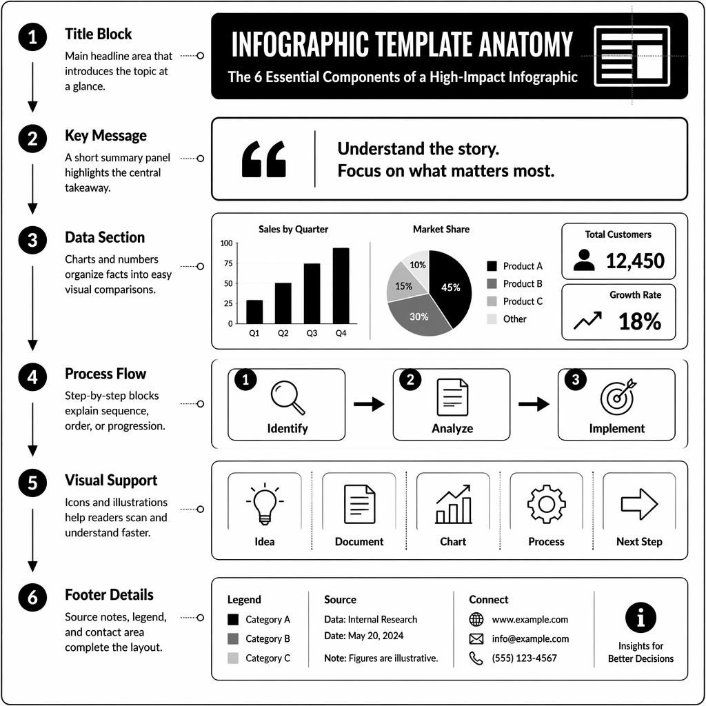 Black and white portrait infographic poster showing 6 labeled info graphics template sections with arrows, charts, icons, and footer.
