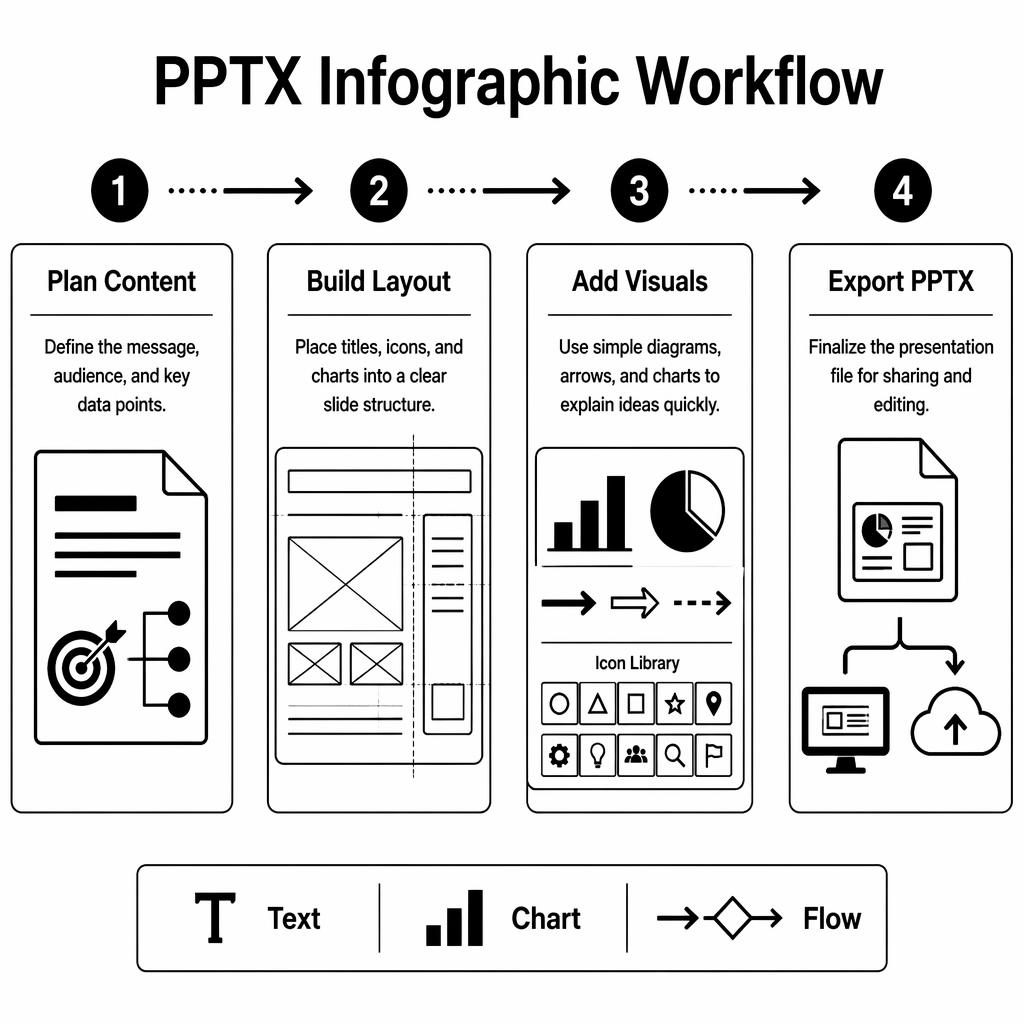 Black and white landscape infographic poster showing a 4-step PPTX workflow with numbered panels, arrows, icons, and legend.