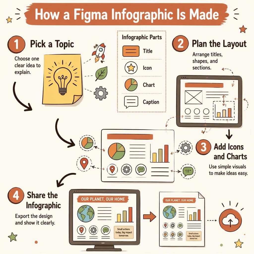 Portrait kids infographic showing 4 steps to make a figma infographic with arrows, icons, charts, and legend labels.