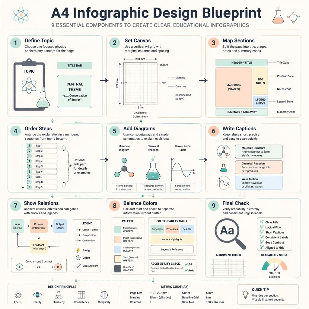 Póster infografia a4 vertical con 9 pasos numerados, diagramas científicos, flechas, guías punteadas y paleta menta y melocotón.