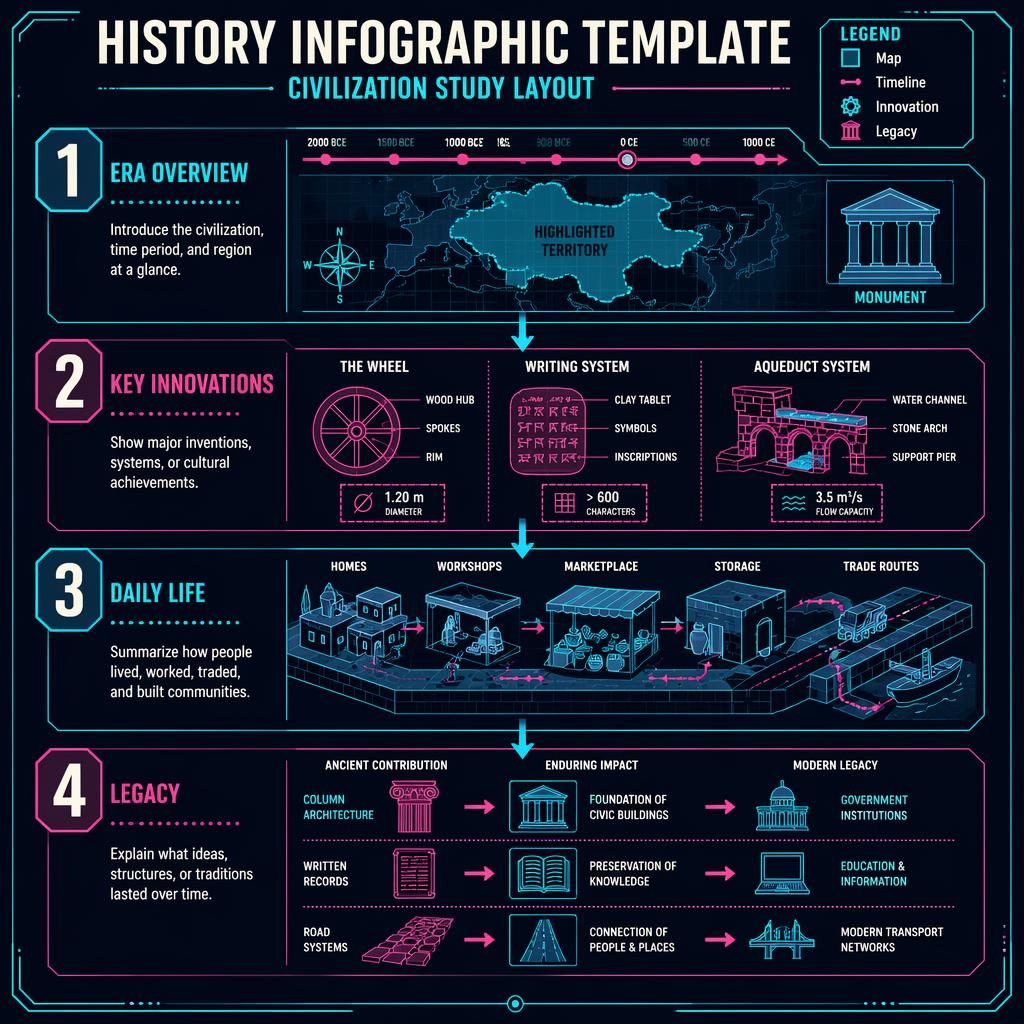 Affiche infographie template verticale sur l’histoire, 4 panneaux numérotés, style rétro 1950 néon cyan magenta.