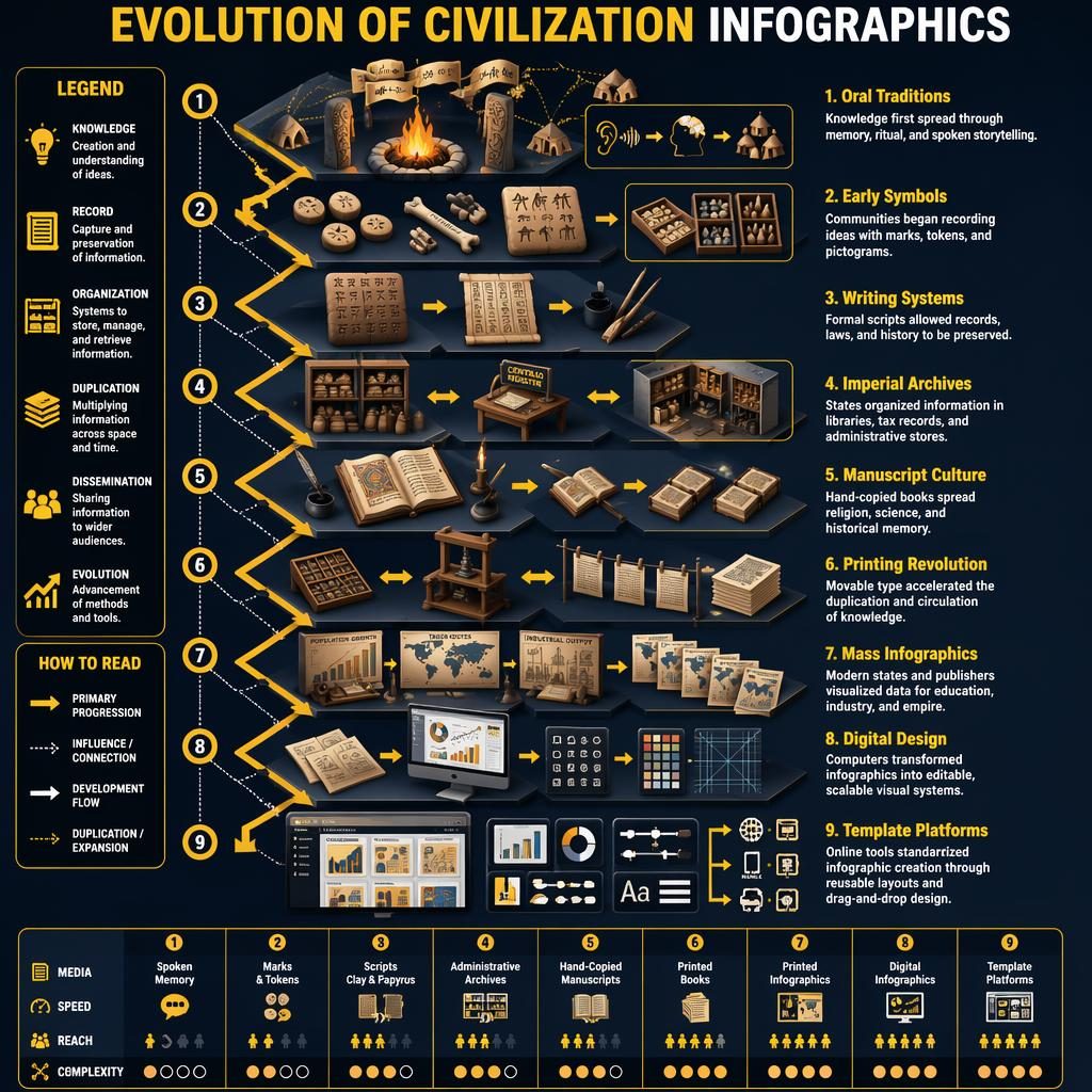 Póster infográfico isométrico 3D con 9 etapas históricas, línea de tiempo en zigzag, flechas, leyenda lateral y métricas.