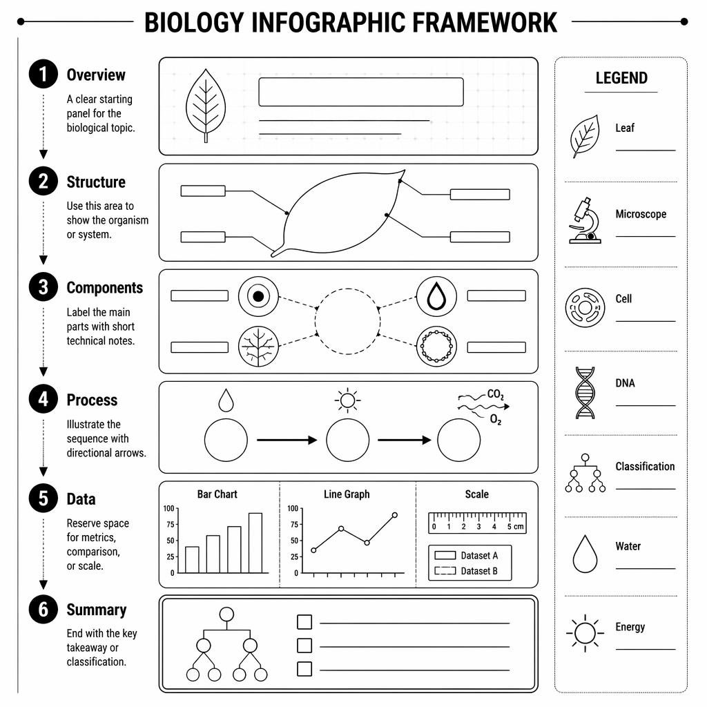 Black-and-white biology infographic empty poster with 6 numbered panels, arrows, charts, icons, and side legend.