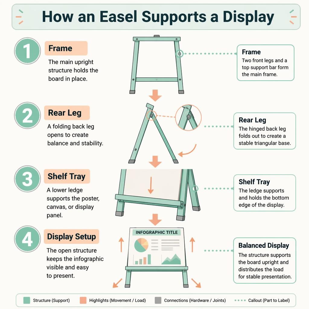 Portrait easel infographic poster with 4 numbered steps showing frame, rear leg, shelf tray, and display setup.