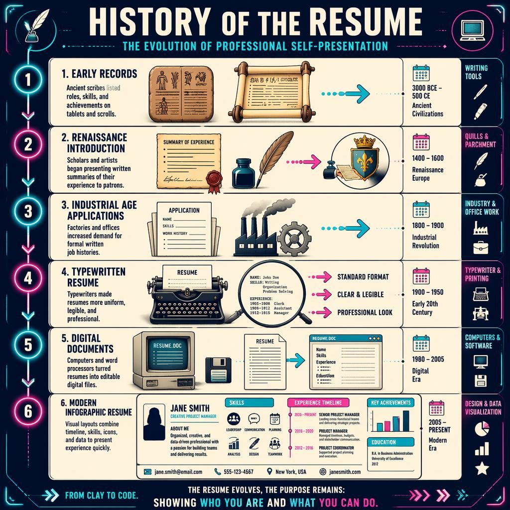 Portrait resume infografik poster with 6 numbered stages, arrows, icons, typewriter, computer, parchment, and charts.