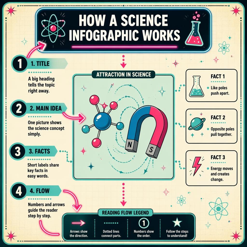 Póster infográfico infantil de ciencia en 4 pasos, con flechas, números, moléculas, imanes y acentos neón.
