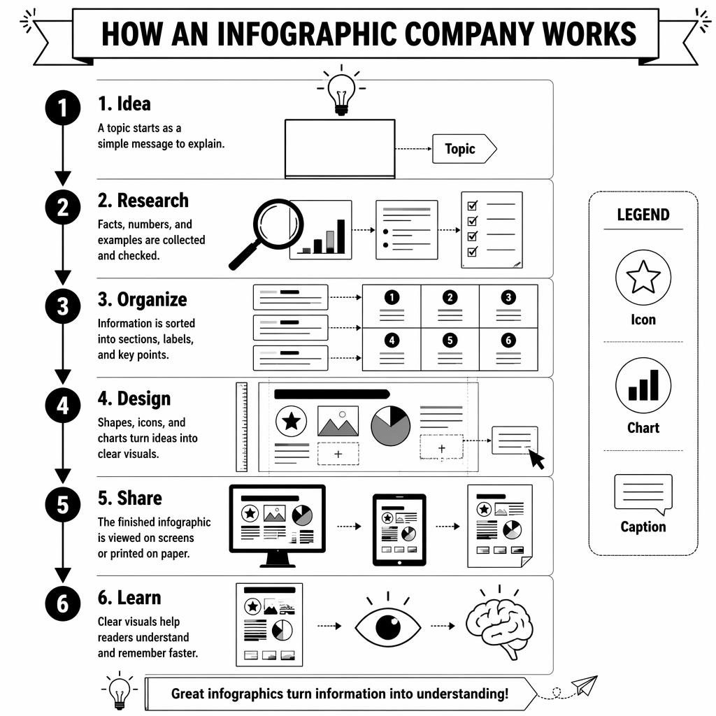 Black-and-white kids infographic poster with 6 numbered steps showing how an infographic company works, plus arrows and legend.