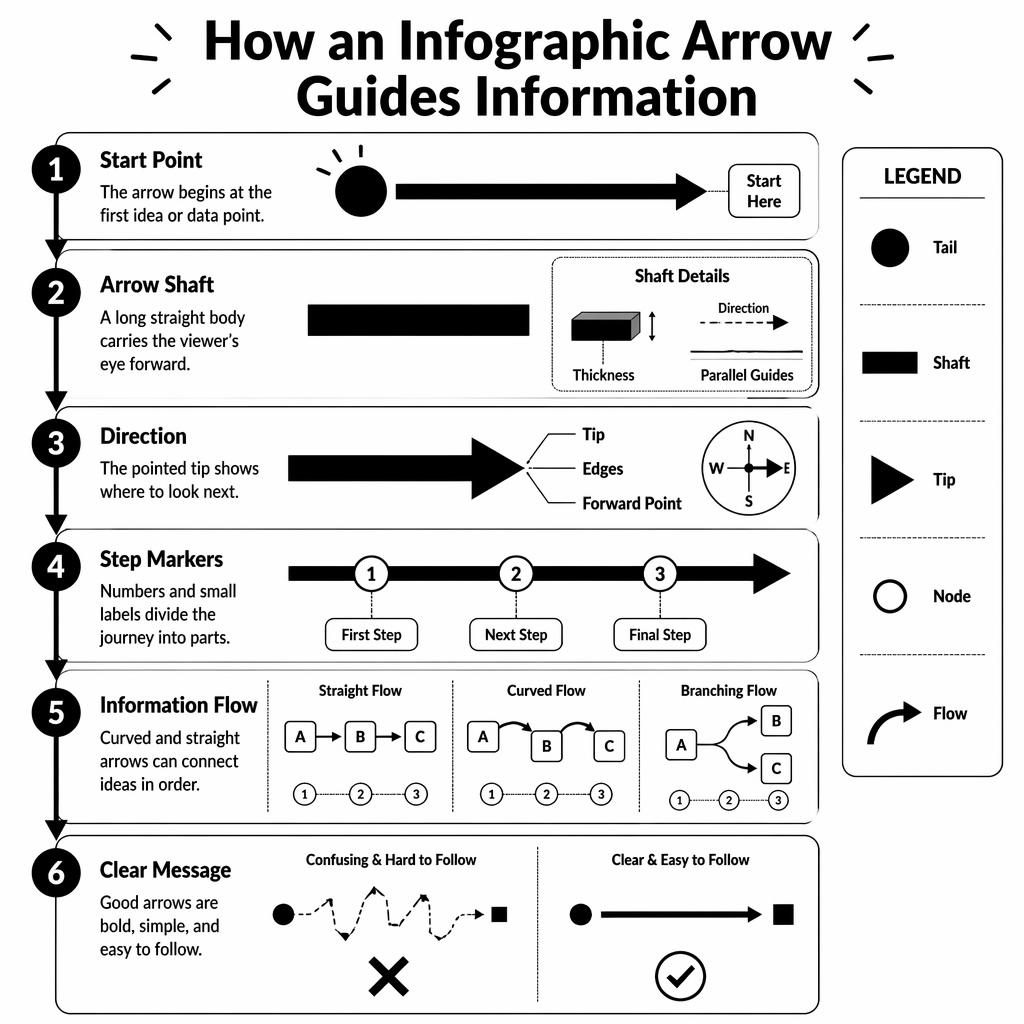 Black and white educational poster showing 6 numbered infographic arrow parts with labels, arrows, legend panel, and diagrams.