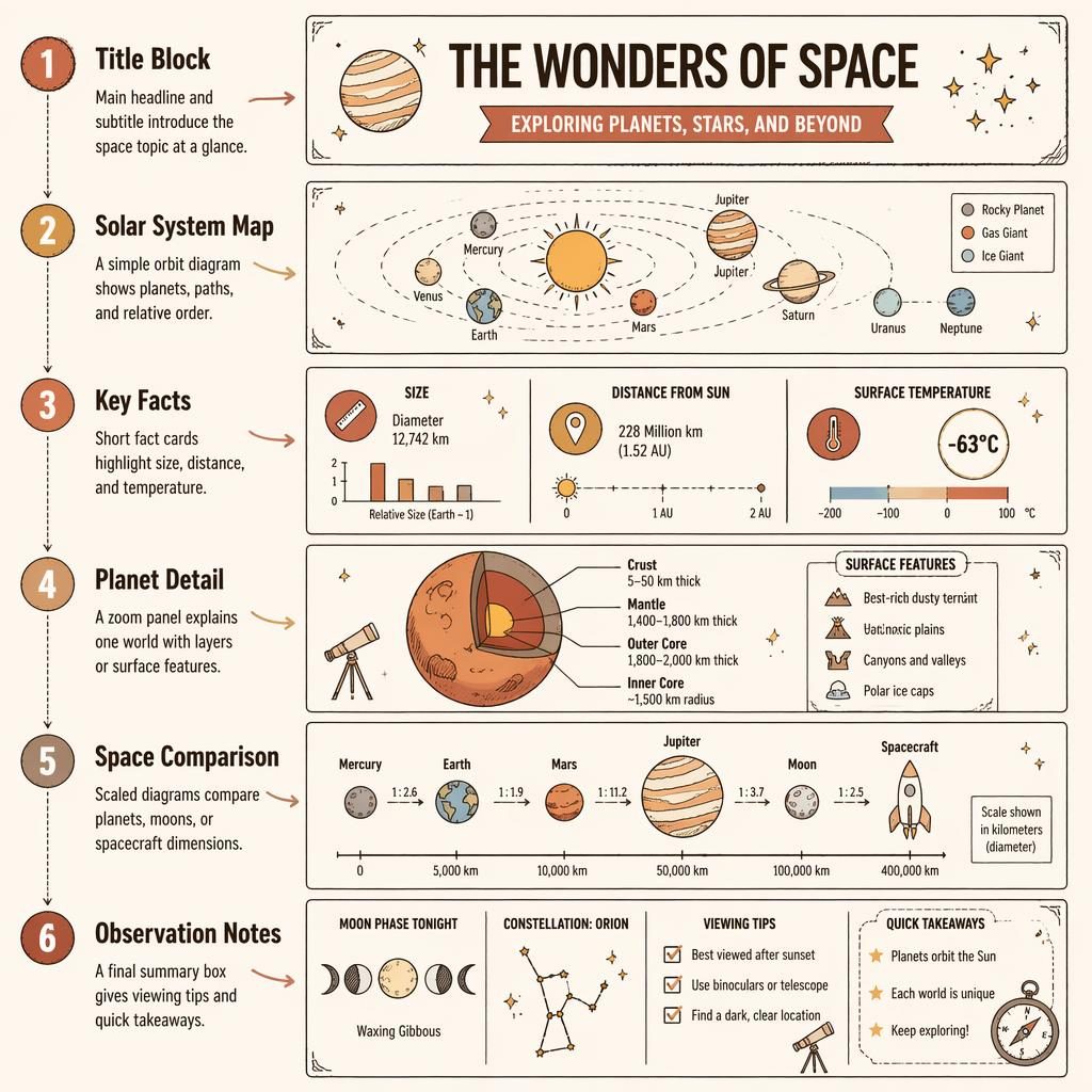 Hochformatiges Weltraum-Poster als Infografik Vorlage mit 6 nummerierten Modulen, Pfeilen, Planeten, Faktenkarten und Notizfeld.