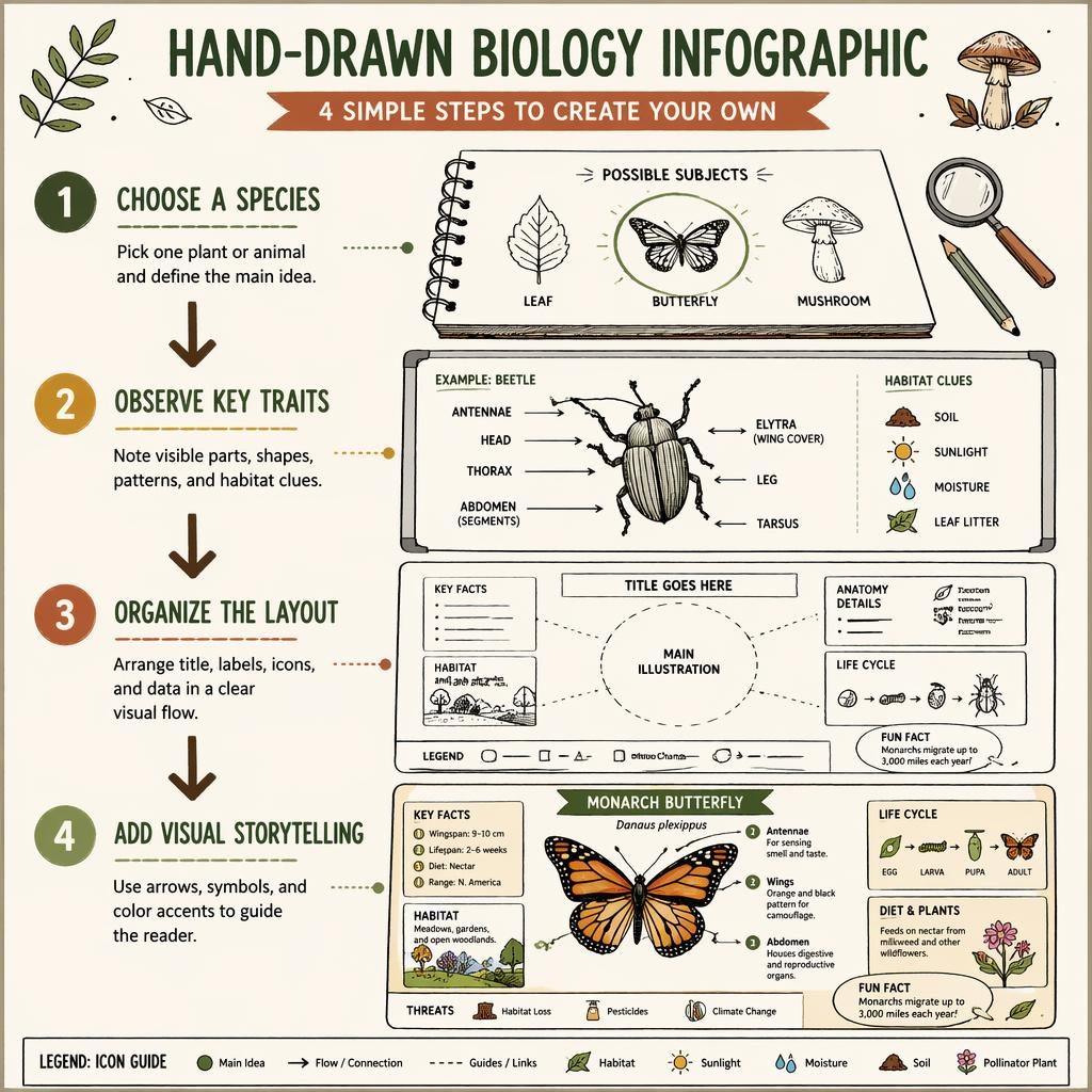 Póster infográfico vertical de biología con 4 pasos dibujados a mano, flechas, etiquetas en inglés y tonos tierra.