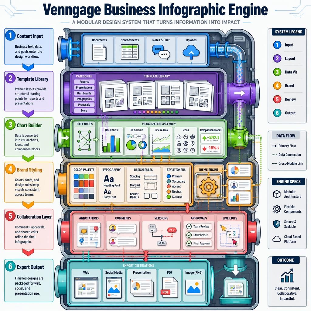 Portrait technical infographic poster showing 6 numbered modules, arrows, dotted data-flow lines, rainbow vector panels.