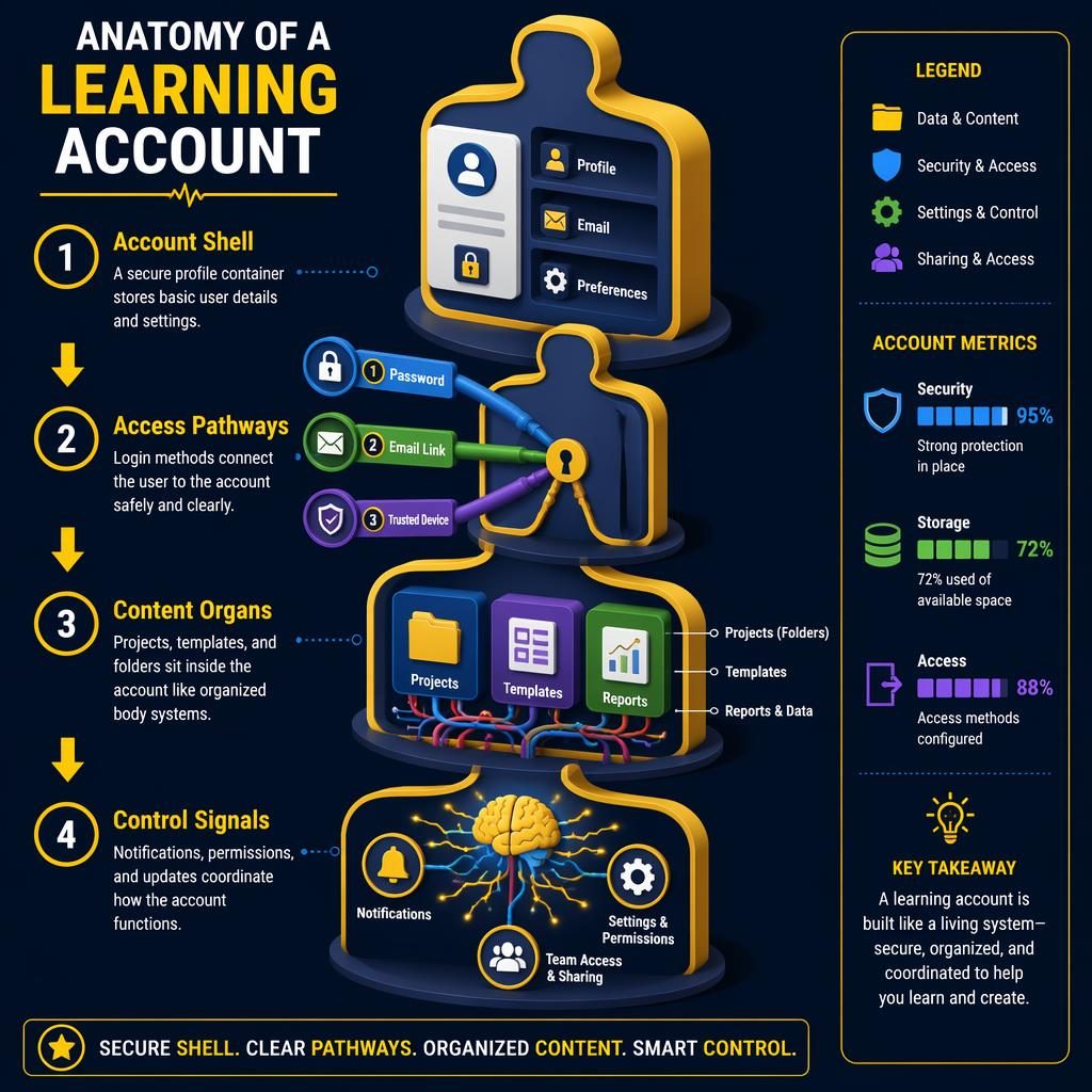 Portrait infographic showing a 4-step venngage account anatomy diagram in isometric 3D with yellow and navy icons, arrows, and labels.