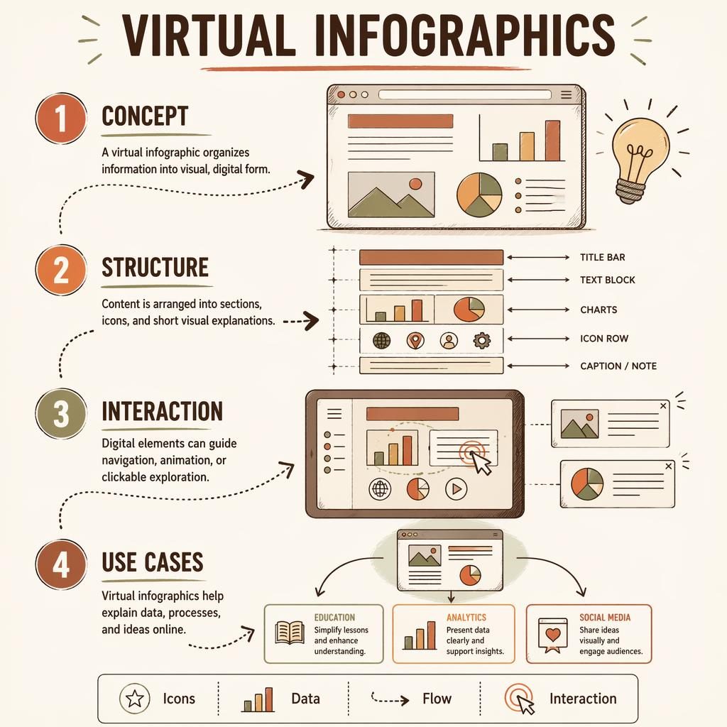 Póster infográfico vertical de 4 pasos con estilo pizarra, flechas curvas, diagramas digitales y leyenda inferior.