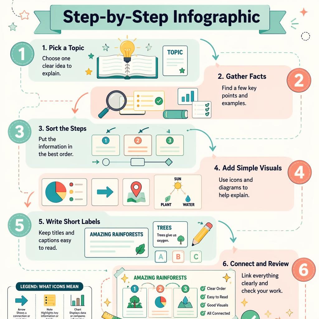 Póster infografia paso a paso con 6 etapas, flechas curvas, iconos educativos y paleta menta y durazno.