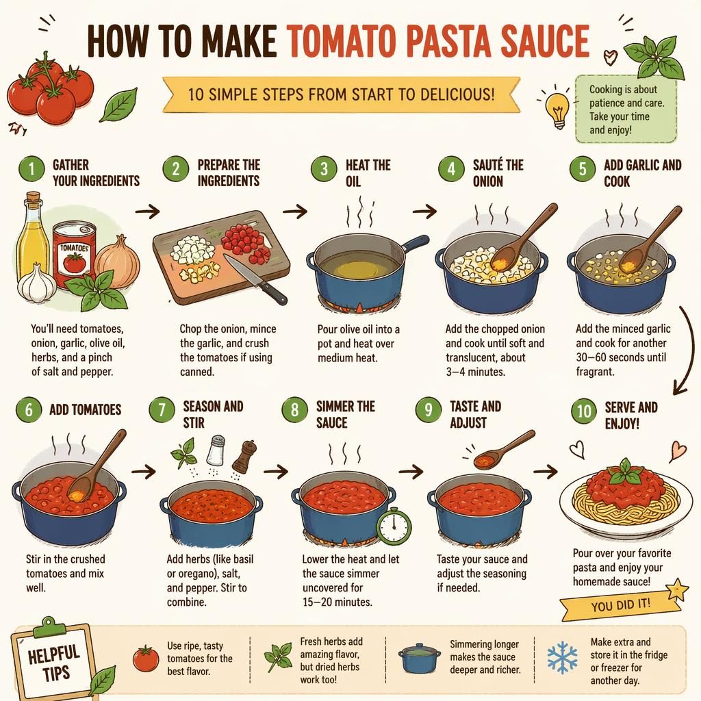 Hand-drawn whiteboard-style cooking process infographic with 8-10 numbered steps, arrows, and warm earth tones for kids.