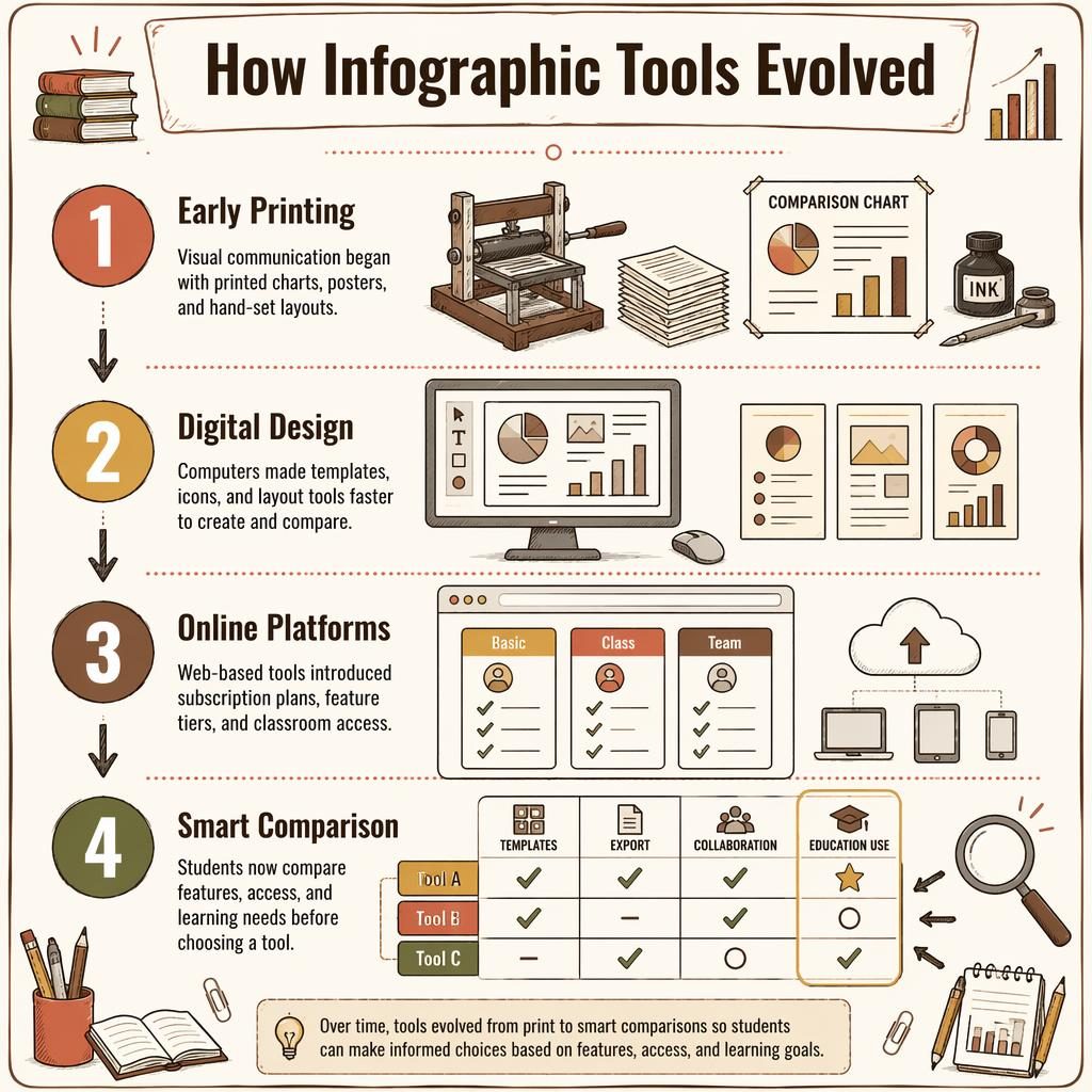 Portrait infographic showing 4-step timeline from Early Printing to Smart Comparison with sketch icons, arrows, and plan cards.