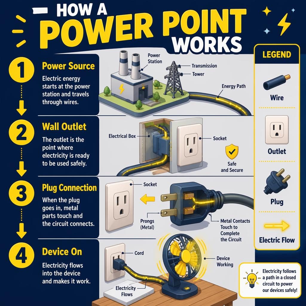 Portrait kids infographic showing 4 isometric steps of how a power point works with outlet, plug, wires, and lamp.