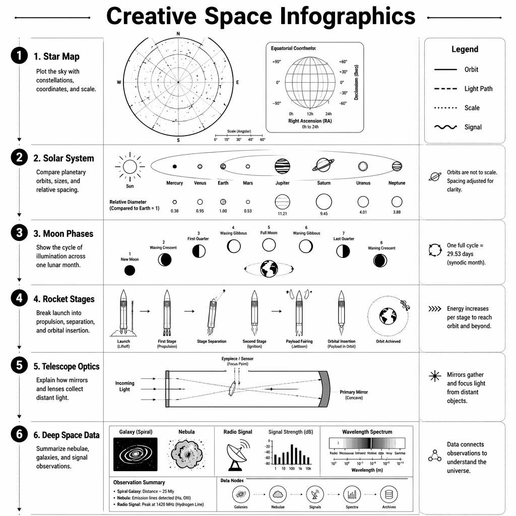 Póster infográfico vertical con 6 pasos sobre espacio: mapa estelar, sistema solar, fases lunares y cohete.