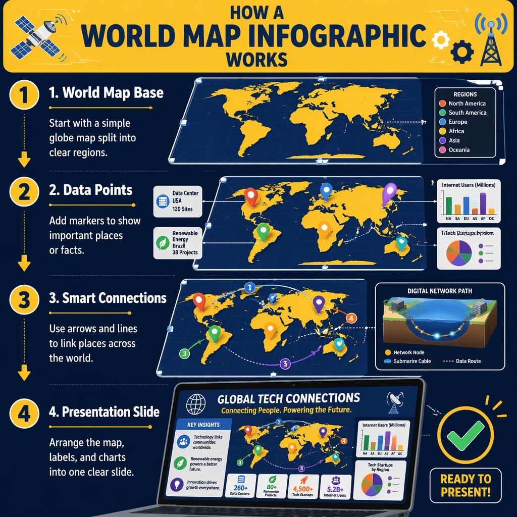 Kid-friendly 4-step world map infographic poster with yellow and navy isometric map, data pins, route lines, and laptop slide.