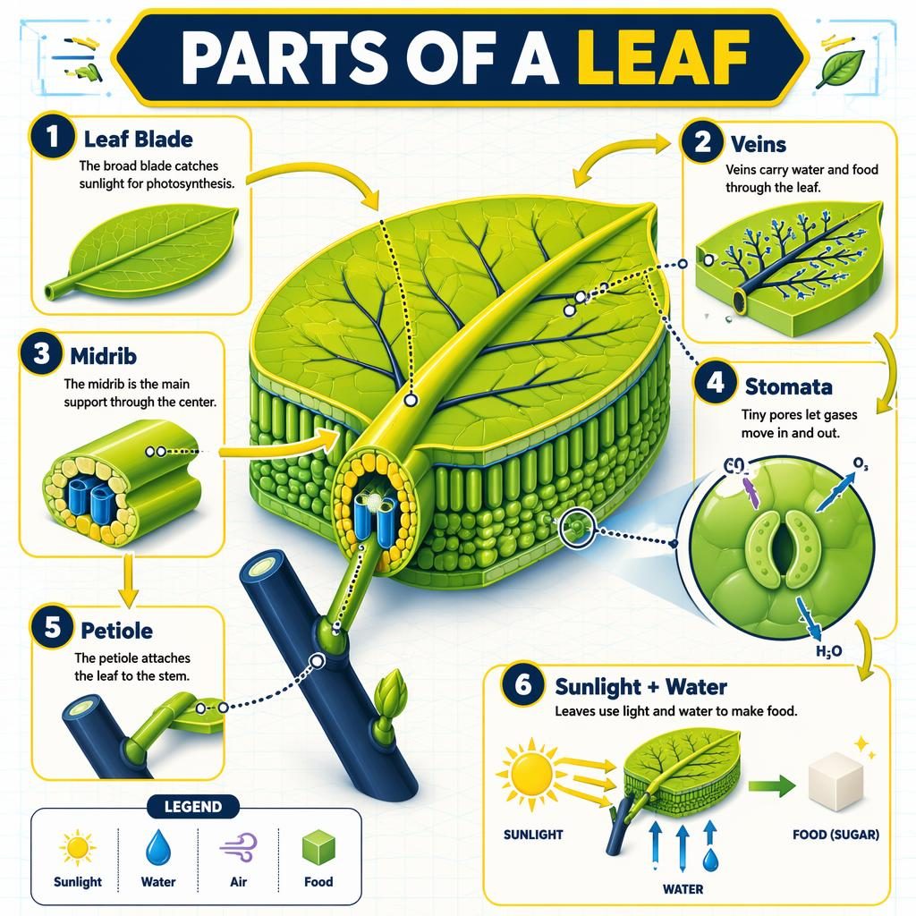 Kid-friendly isometric leaf anatomy poster with 6 labeled parts, arrows, legend, and yellow navy classroom design
