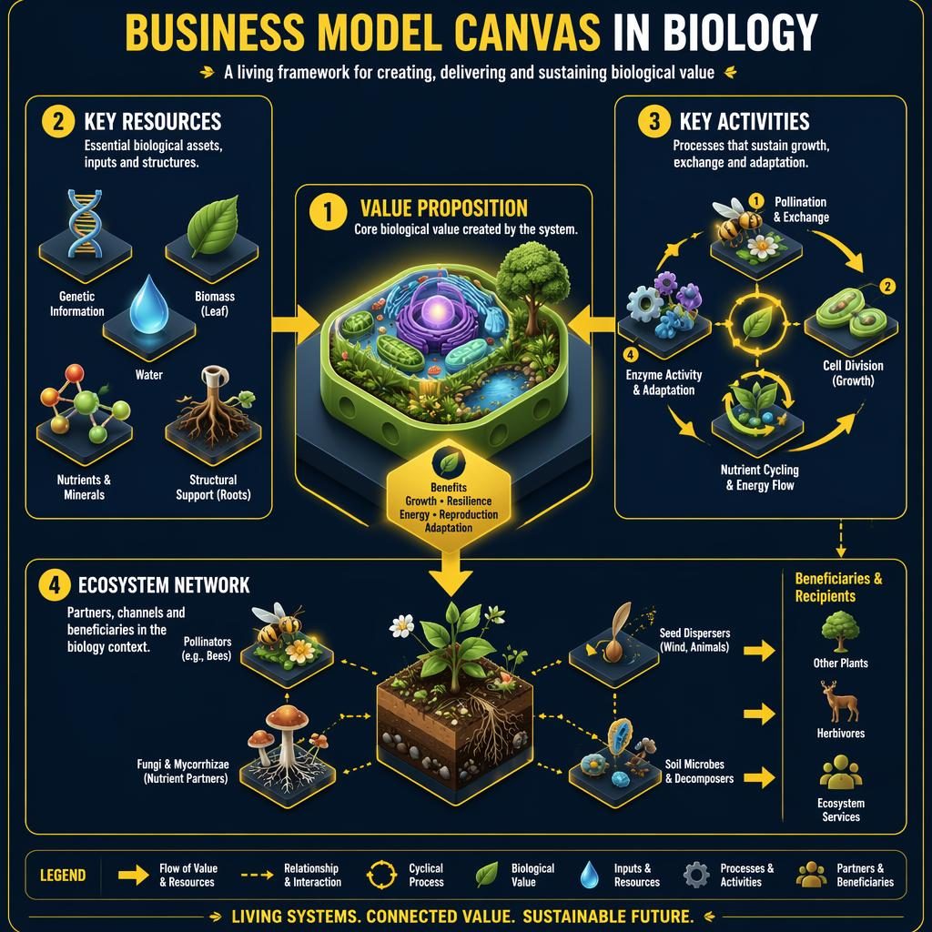 Portrait biology business model canvas infographic with 4 numbered navy panels, yellow labels, arrows, and isometric ecosystem visuals.