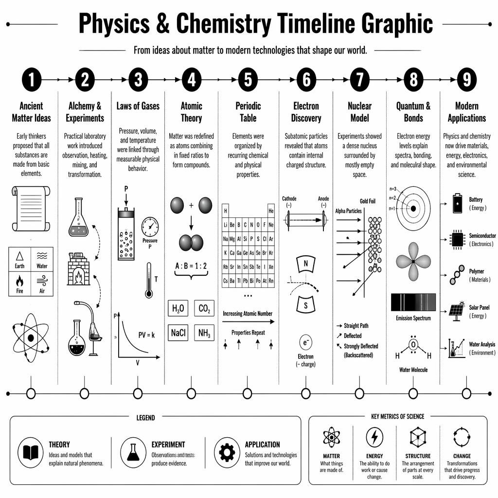 Monochrome landscape infographic with a 9-step physics and chemistry timeline, numbered badges, arrows, legend, and icons.