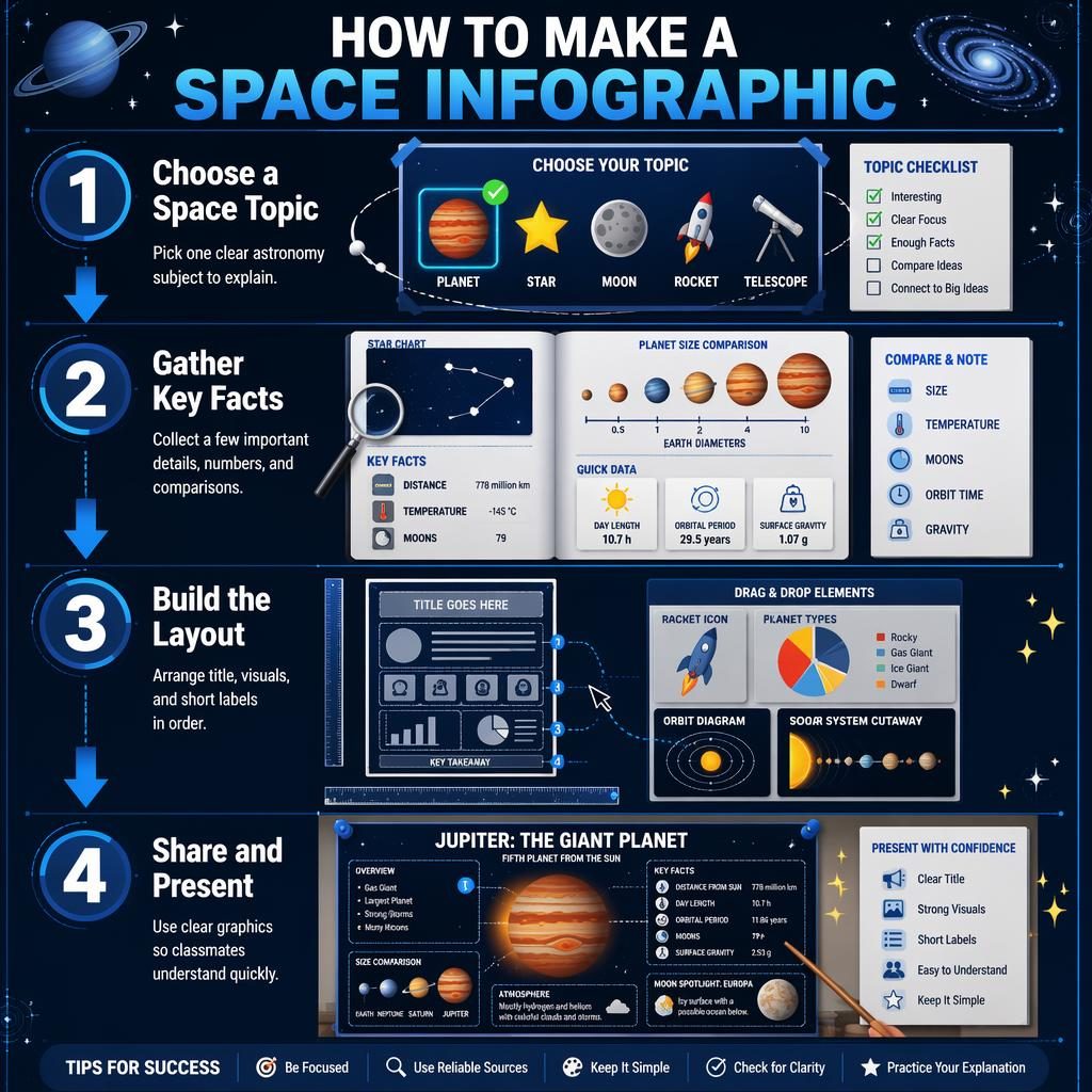 Affiche infographique verticale en 4 étapes sur la création d’une infographie spatiale, avec icônes, schémas et flèches bleues.