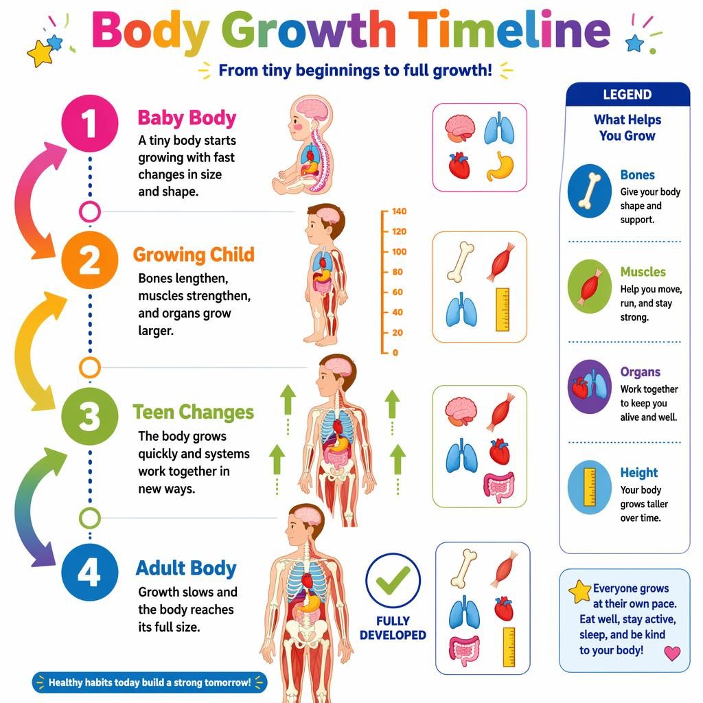 Póster infantil con infografia linea de tiempo de 4 etapas del cuerpo, flechas arcoíris, diagramas anatómicos y leyenda.