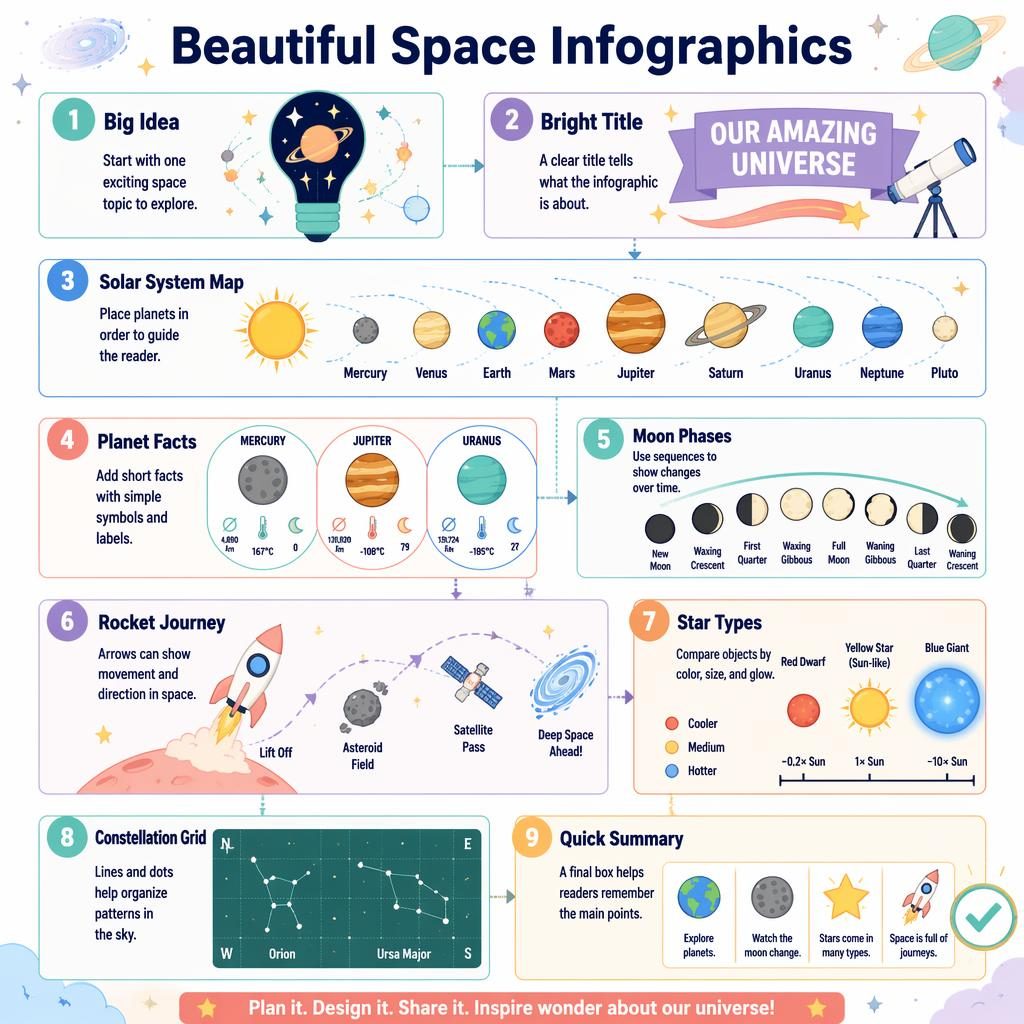 Portrait space infographic poster for kids with 9 numbered astronomy sections, arrows, planets, moon phases, stars, and rocket.