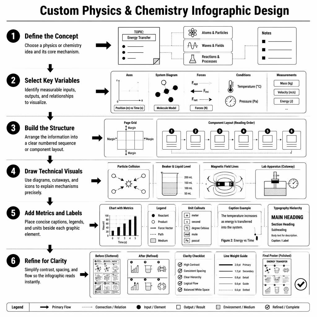 Monochrome portrait infographic showing 6 numbered physics and chemistry design steps with arrows, diagrams, labels, and grid layout.