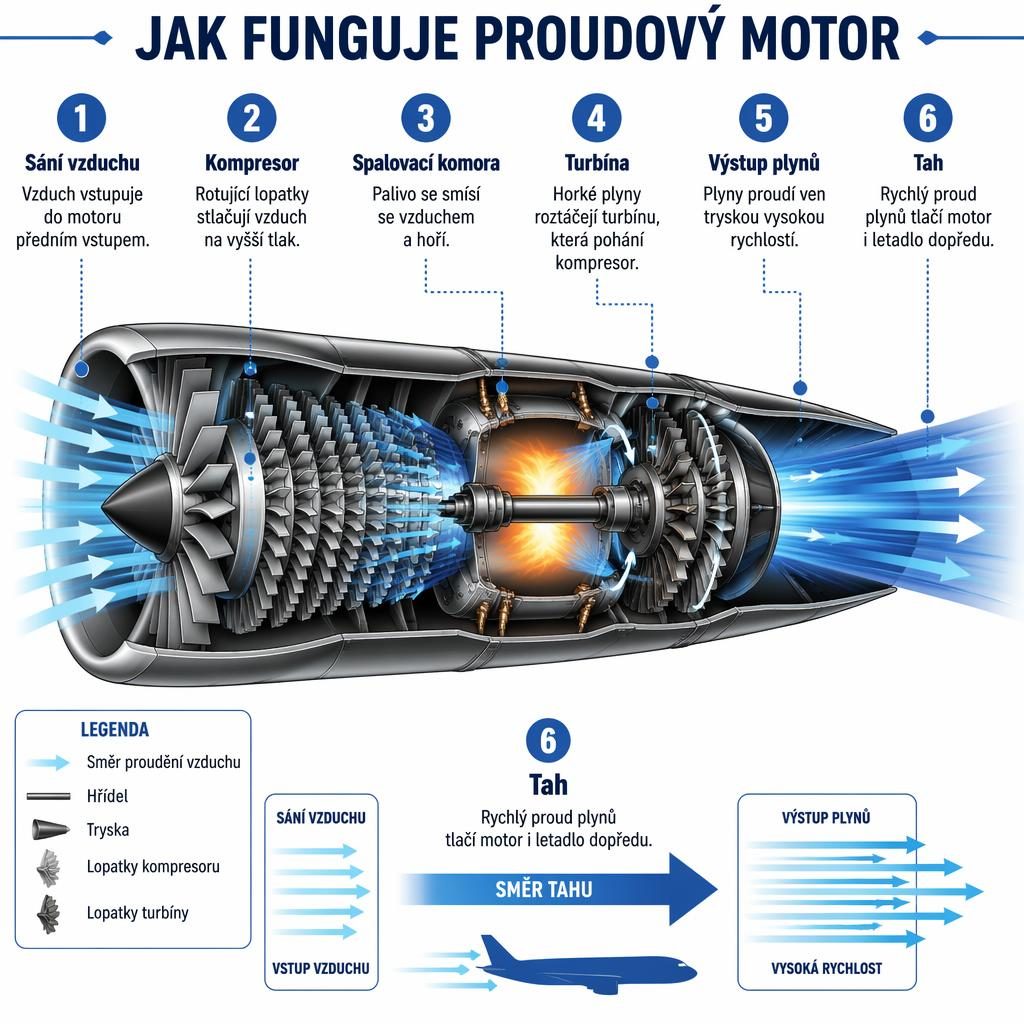 Svislá česká infografika s řezem proudového motoru, 6 očíslovaných fází, modrými šipkami proudění a legendou.