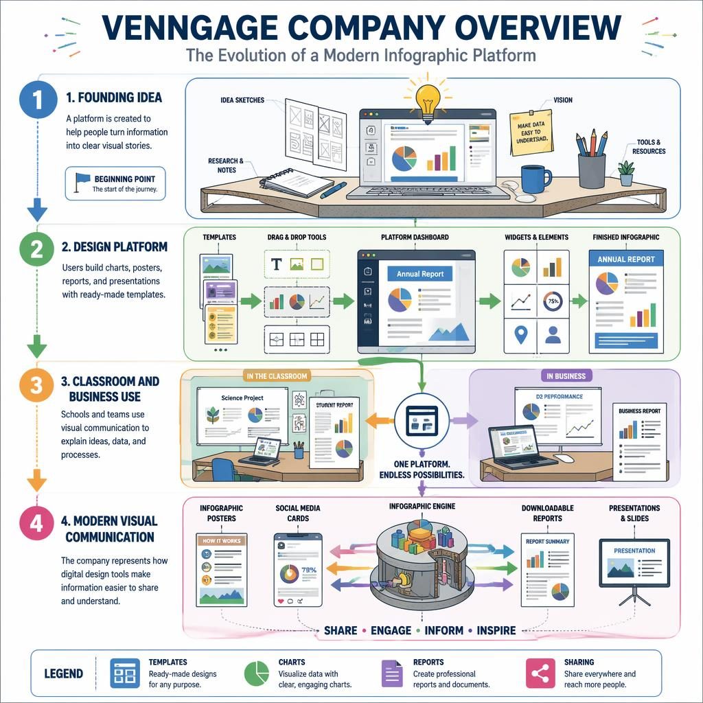 Portrait infographic poster showing a 4-step Venngage company timeline with cutaway diagrams, rainbow arrows, icons, and labels.