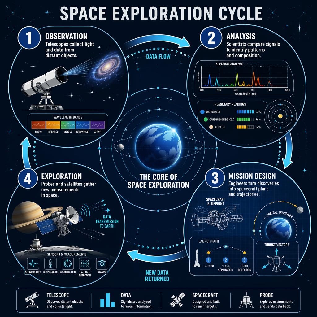 Portrait circle infographic poster showing 4 space exploration stages around a glowing blue planet hub with arrows.