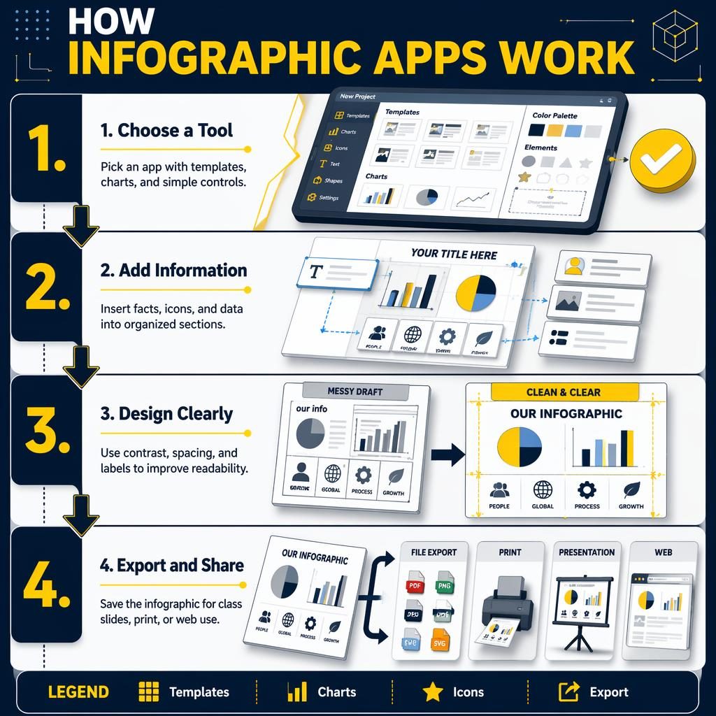 Portrait isometric infographic poster showing 4 steps for using an infographic app in yellow, navy, and white.