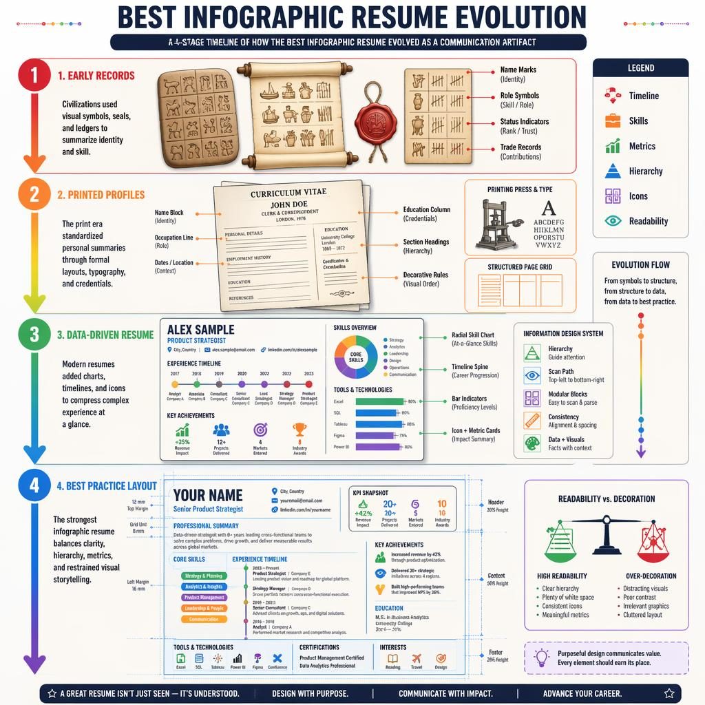 Portrait educational poster showing a 4-stage best infographic resume evolution timeline with diagrams, labels, arrows, and legend.