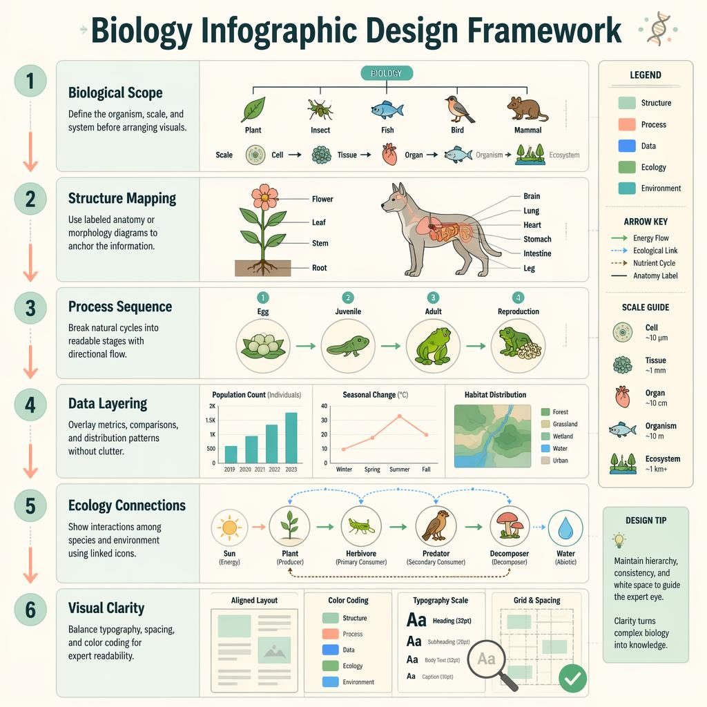 Portrait biology infographic poster with 6 numbered sections, diagrams, arrows, legends, and pastel mint-peach visuals.