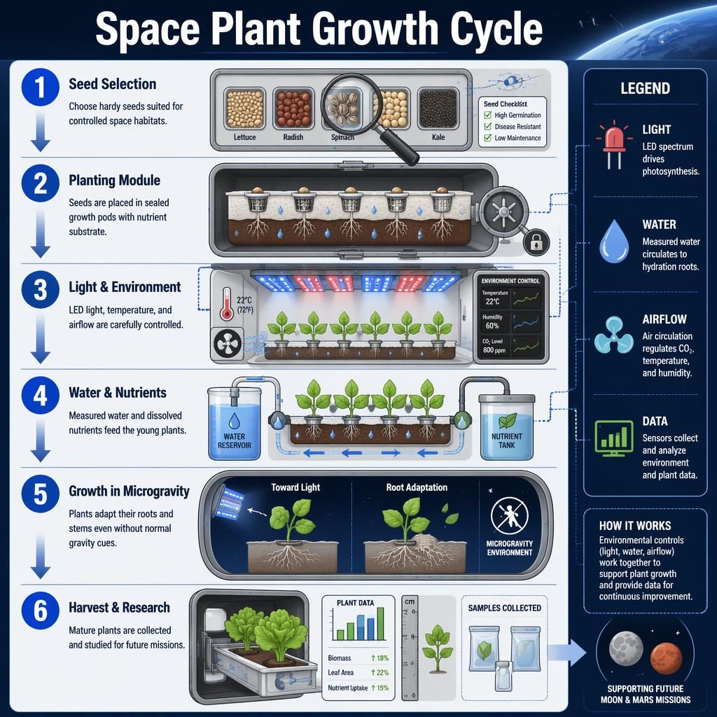 Portrait educational infographic showing 6 numbered stages of space plant growth with arrows, diagrams, legend, and blue labels.