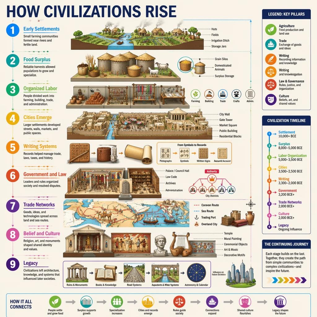 Póster infográfico vertical de 9 pasos sobre el ascenso de las civilizaciones, con diagramas técnicos, flechas y colores.