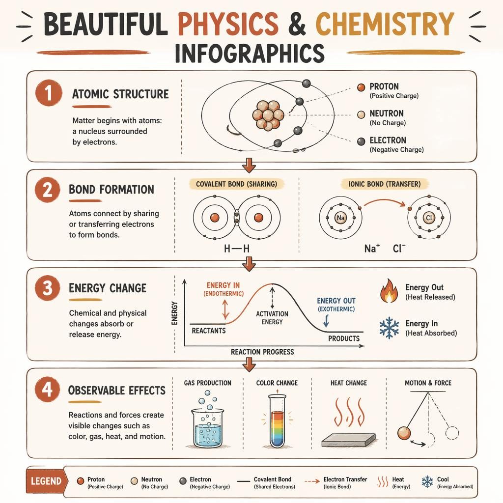Portrait whiteboard-style infographic with 4 numbered physics and chemistry sections, atom, bonds, energy diagram, and effects icons.