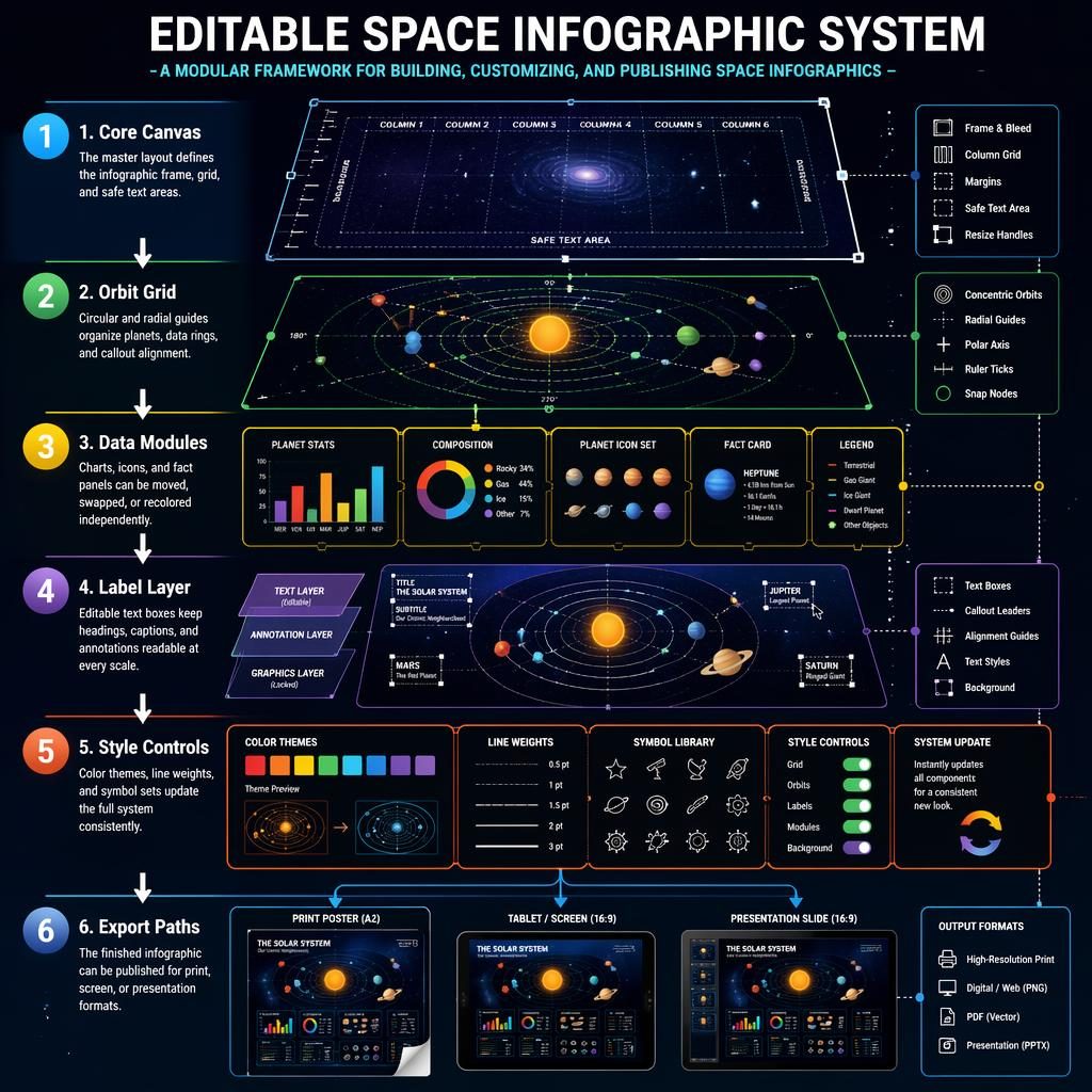 Portrait space infographic poster with 6 numbered modules, orbit grid, data panels, labels, style controls, and export paths