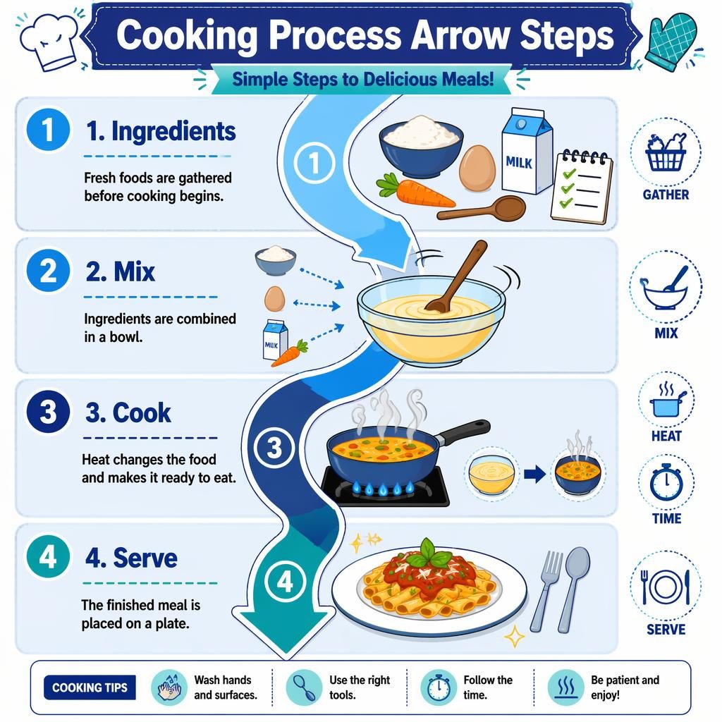 Portrait kids cooking infographic with 4 numbered steps along a large central arrow: ingredients, mix, cook, serve.