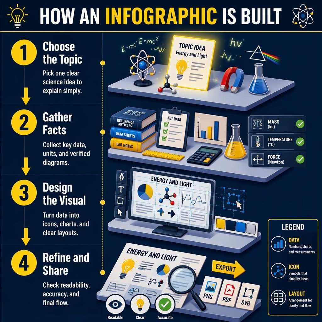 Portrait educational poster showing 4 isometric steps of an infographic artist workflow with science icons, arrows, charts.