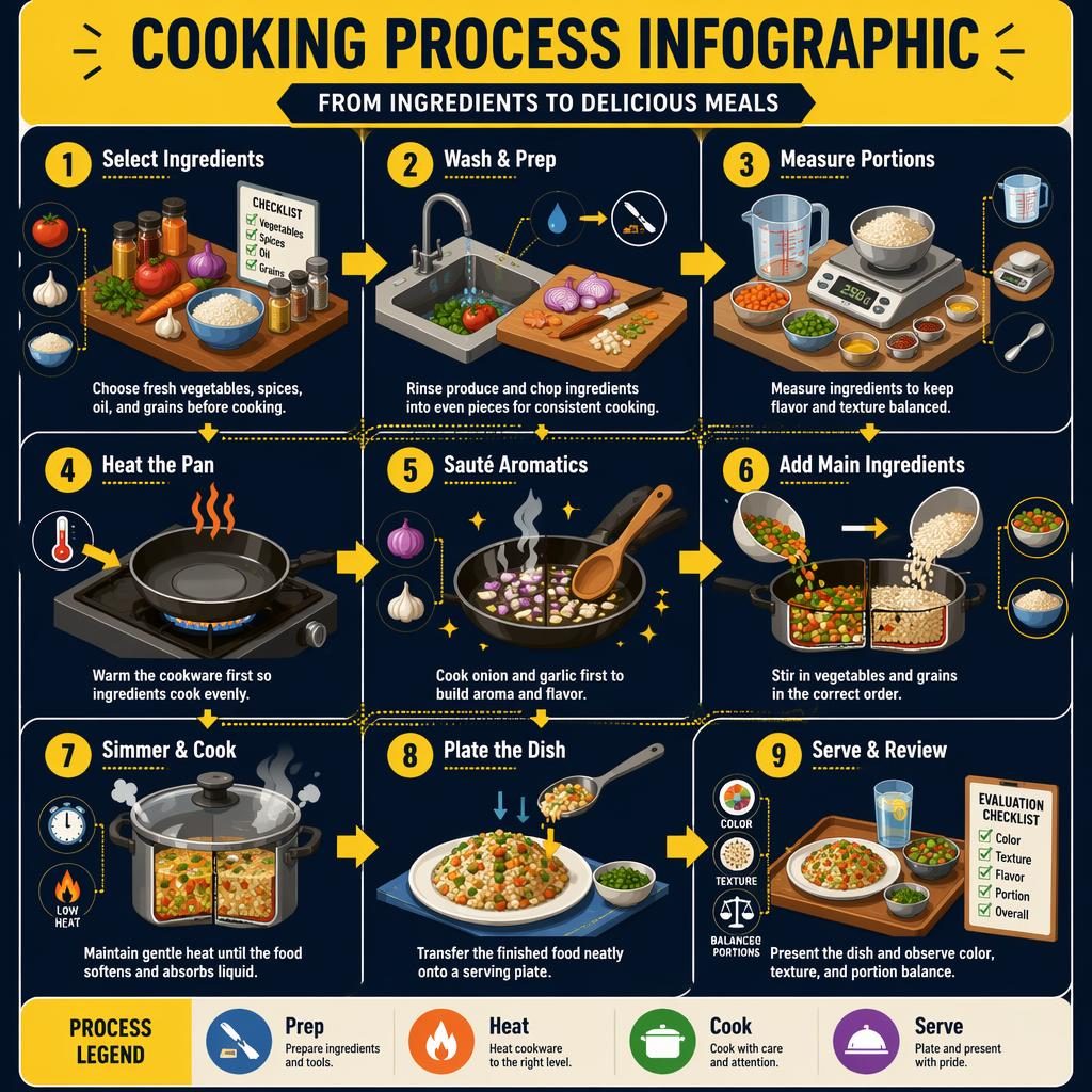 Portrait cooking process visme infographic with 9 numbered isometric steps, yellow and navy panels, arrows, and legend.