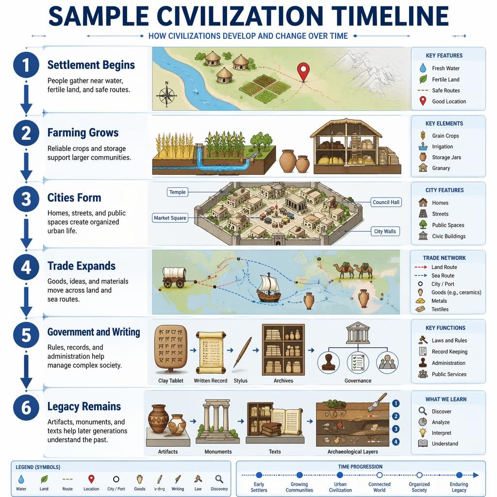Portrait sample infographic poster showing a 6-step civilization timeline with blue arrows, numbered badges, maps, city and trade diagrams.