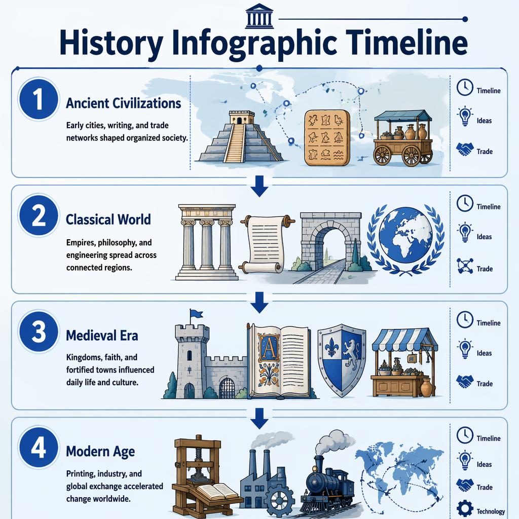 Blue history timeline infographic poster with 4 vertical stages, arrows, icons, captions, and readable sans-serif labels.